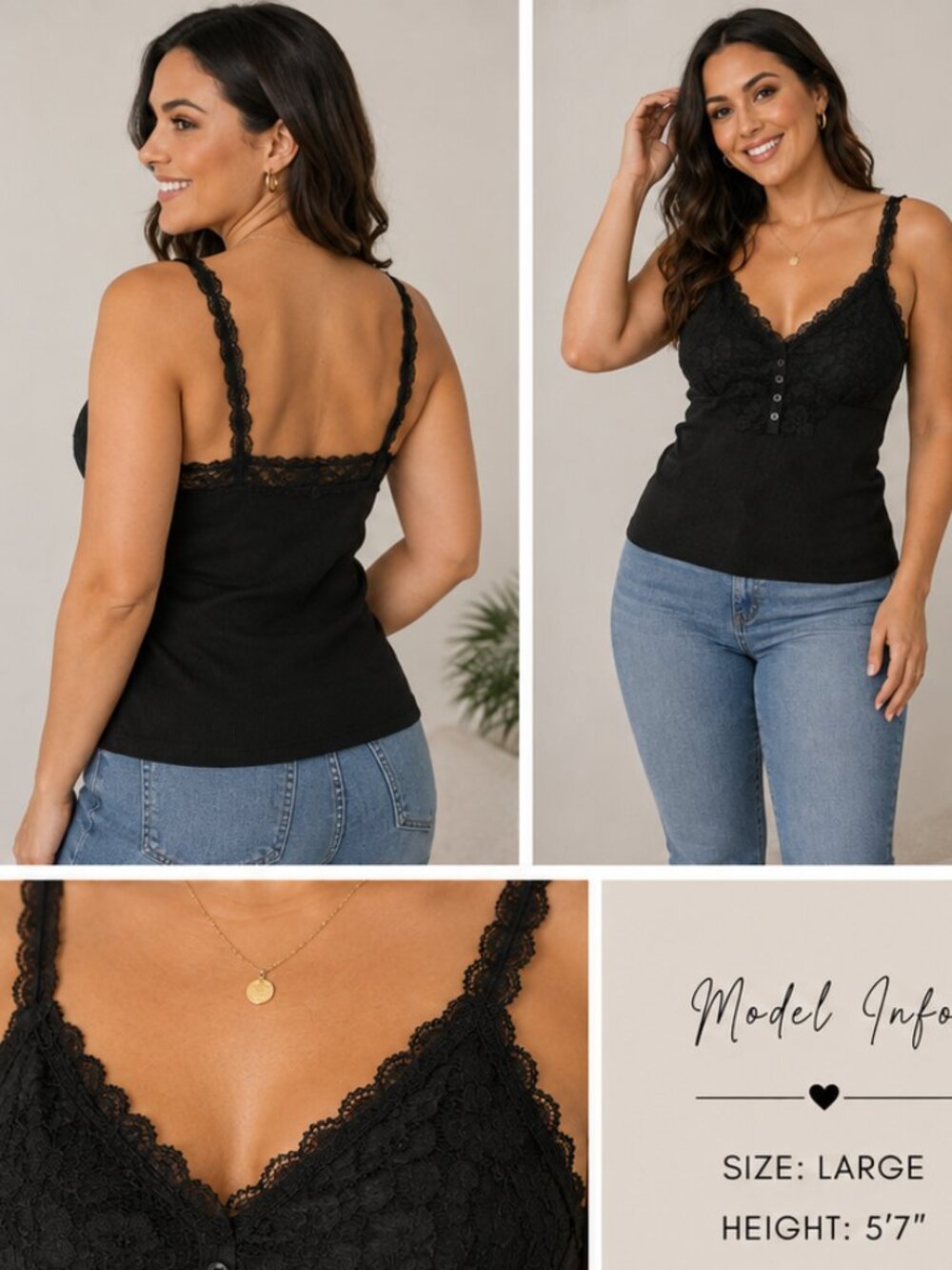 Streetwear Society L Black Lace Trim Button Front Cotton Tank - Picture 6 of 7